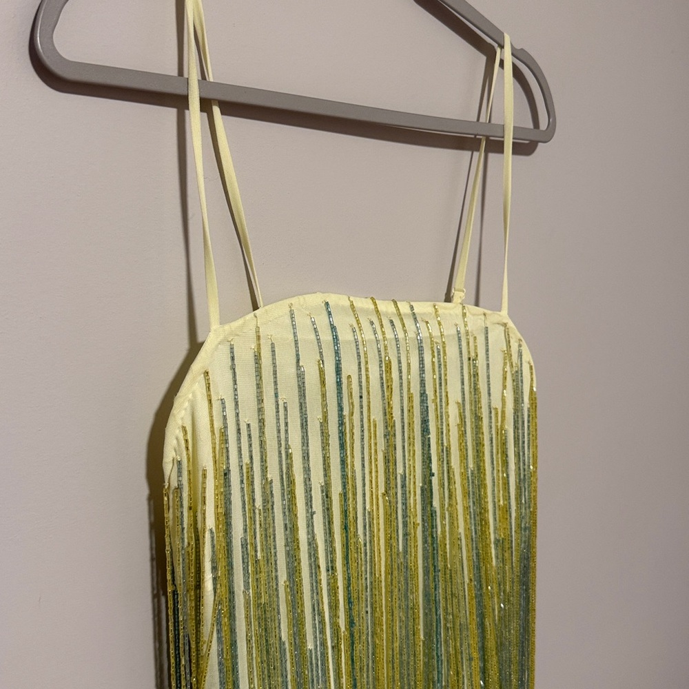 NWT ASOS DESIGN Beaded Fringe Mini Cami Dress in Pale Yellow - Picture 9 of 10